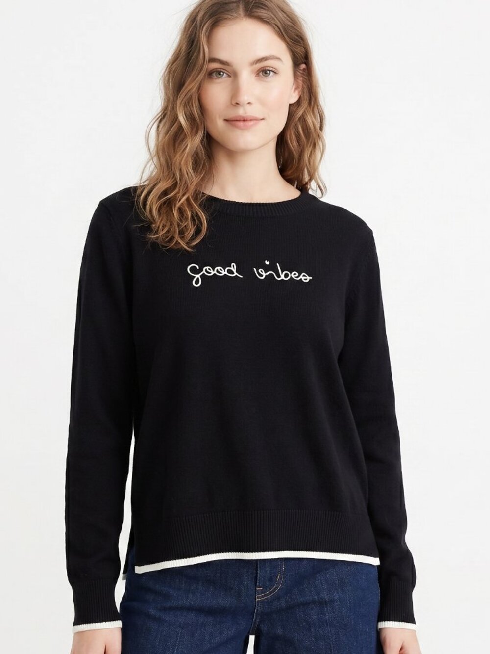 Rachel Zoe Black crew Neck Sweater long Sleeve Size Large Good Vibes EUC